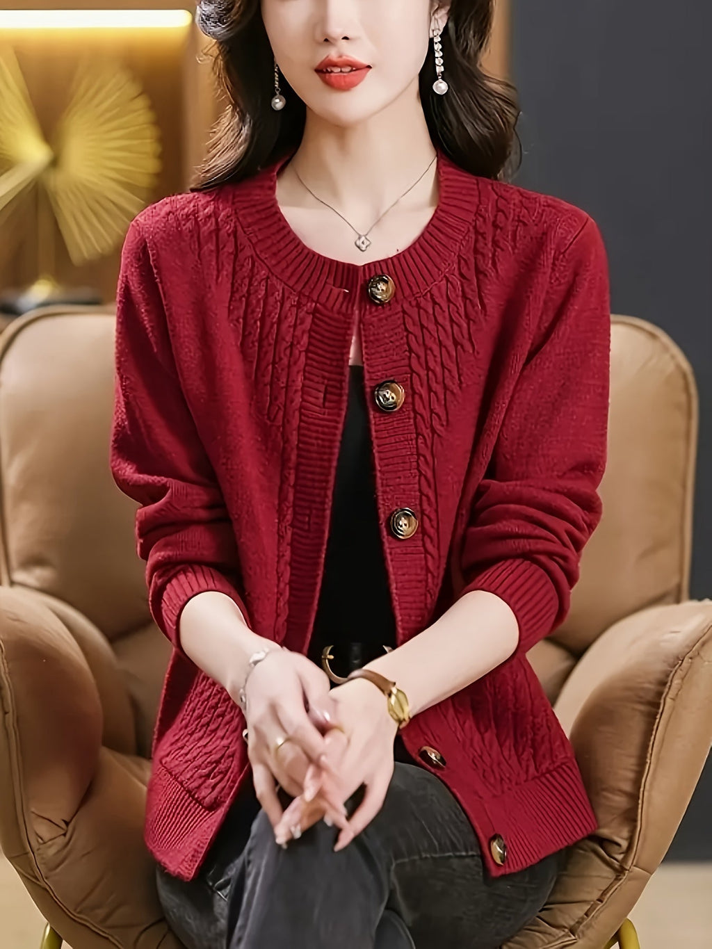 Women's Casual Long Sleeve Crew Neck Button-Up Sweater with Pockets