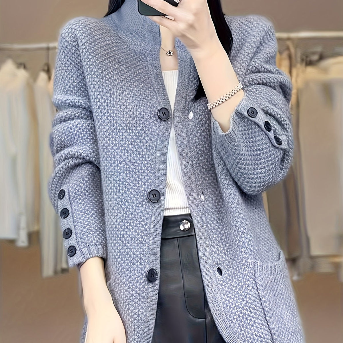 Elegant Women's High Neck Pocket Cardigan Coat